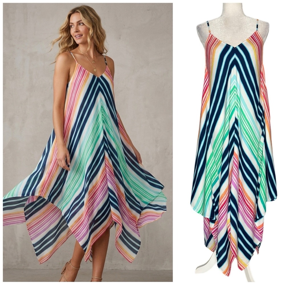 Tommy Bahama S/M Colorful Striped Handkerchief Hem Midi Scarf Dress Beach Resort